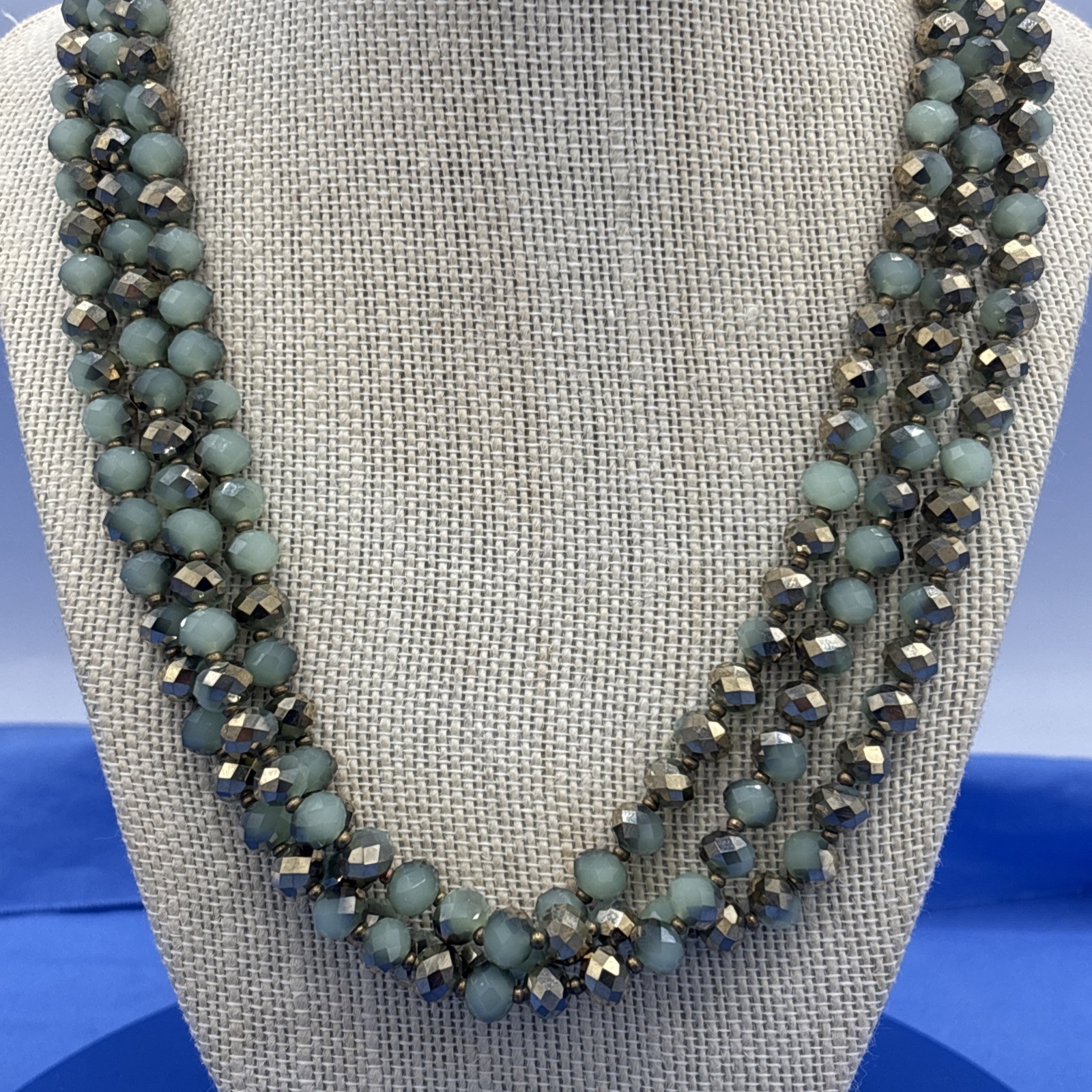60” Faceted Glass Bead Necklace Metallic Gold Sage Green Long Wrap