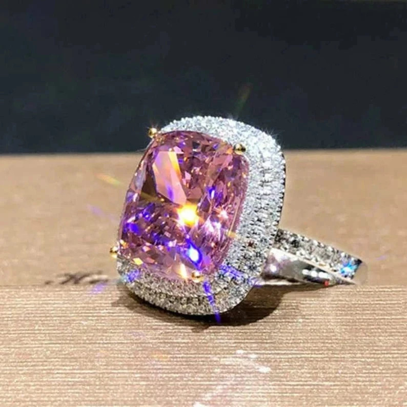 7.00 Ct Cushion Cut Natural Pink Sapphire Diamond Wedding Ring 14K White Gold FN
