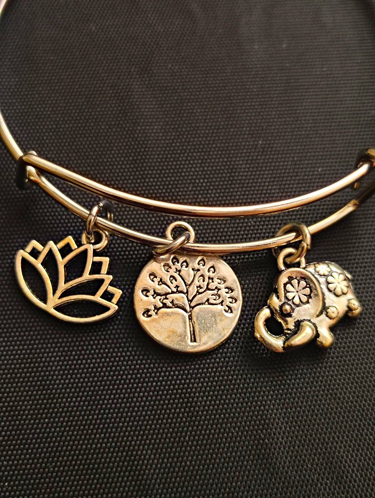 Silver Tone Adjustable Wire Bangle Charm Bracelet Tree Lotus Elephant Dangle