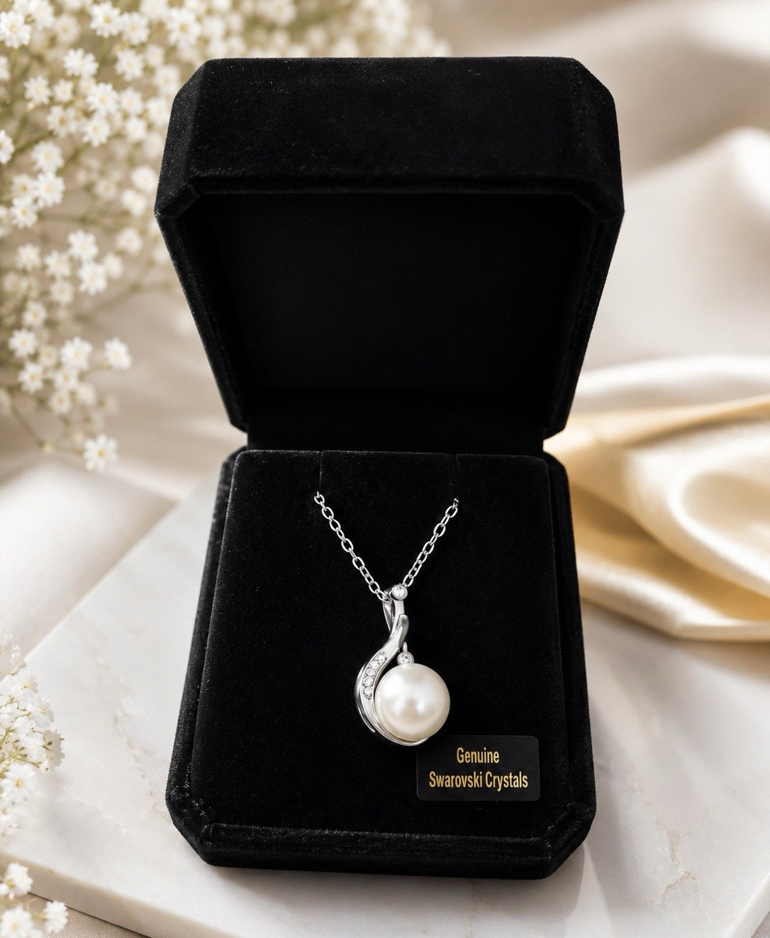 Silver Tone Round White Pearl Pendant Necklace w/ Genuine Swarovski Crystals