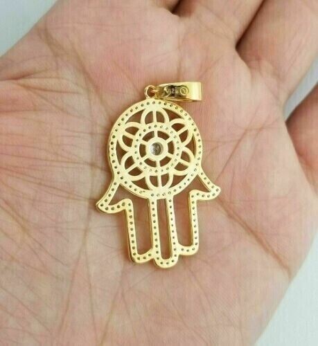 14K Yellow Gold Plated Humsa Hand Charm Pendant 2Ct Round Cut Simulated Diamond