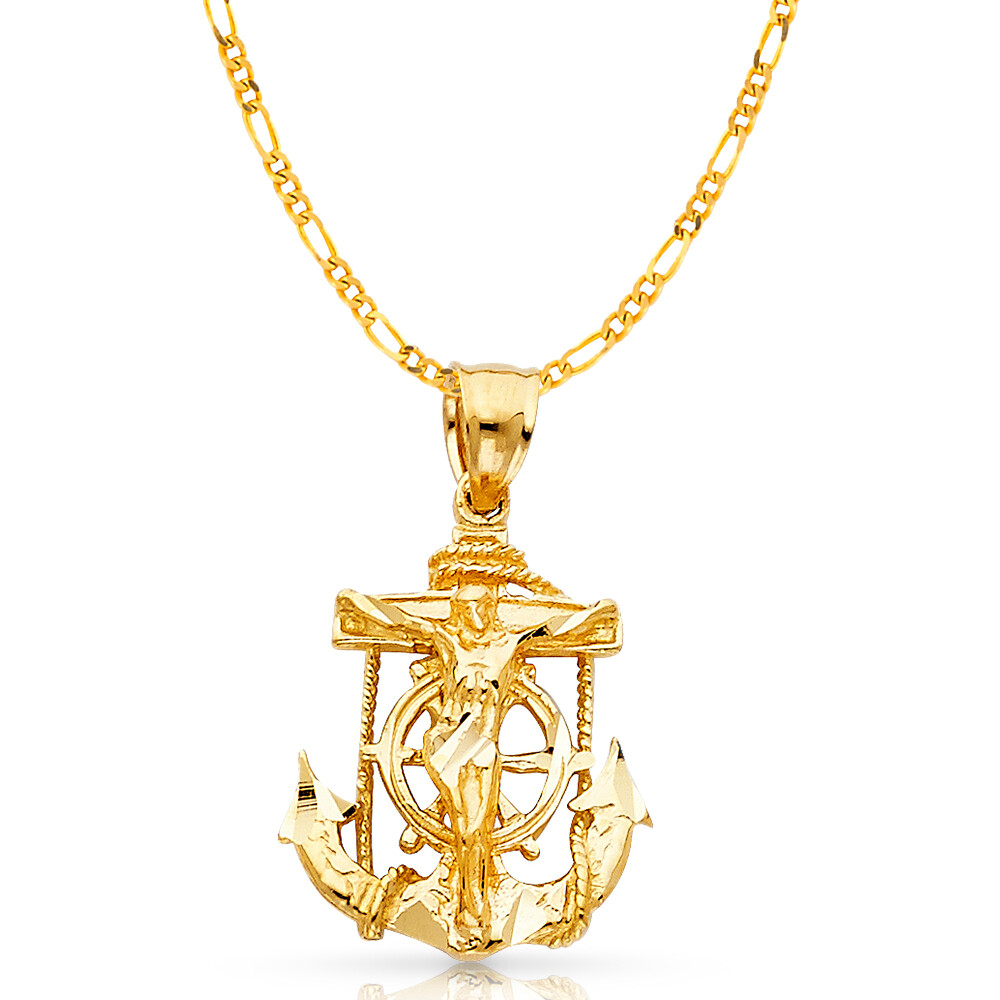 14K Yellow Gold Mariner Crucifix Charm Pendant & 3.1mm Figaro 3+1 Chain Necklace