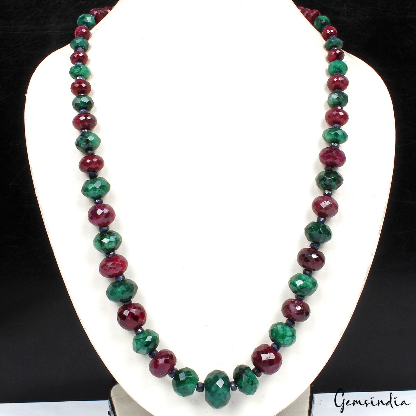 22 in Natural Emerald Ruby Sapphire Necklace Round Faceted Beads Jewelry 640 Ct