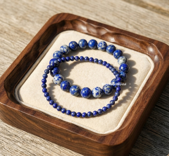 2PCS Lapis Lazuli Bracelet 4mm&8mm Bead Crystal Healing Blue Stone Bracelet Set
