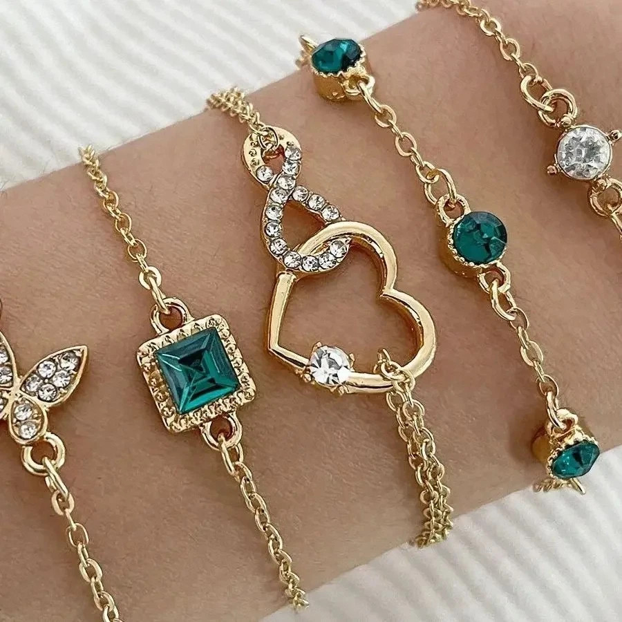 5PCS Heart Butterfly Bracelet Set Green Crystal Rhinestone Jewelry Women