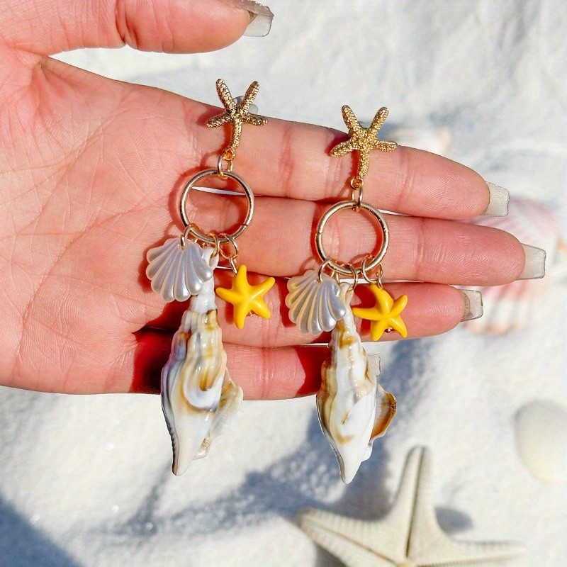 Women’s Boho Earrings Acrylic Conch Pendant Alloy Starfish Studs Fashion Jewelry