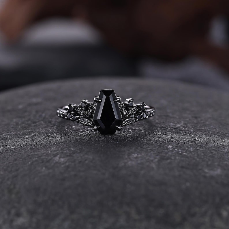 Black Onyx Gothic Engagement Ring Coffin Stone Vintage Leaf Statement Jewelry