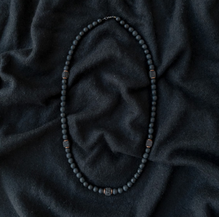 Genuine Matte Black Onyx Necklace Men Healing Protection Cube Lava Reiki Jewelry