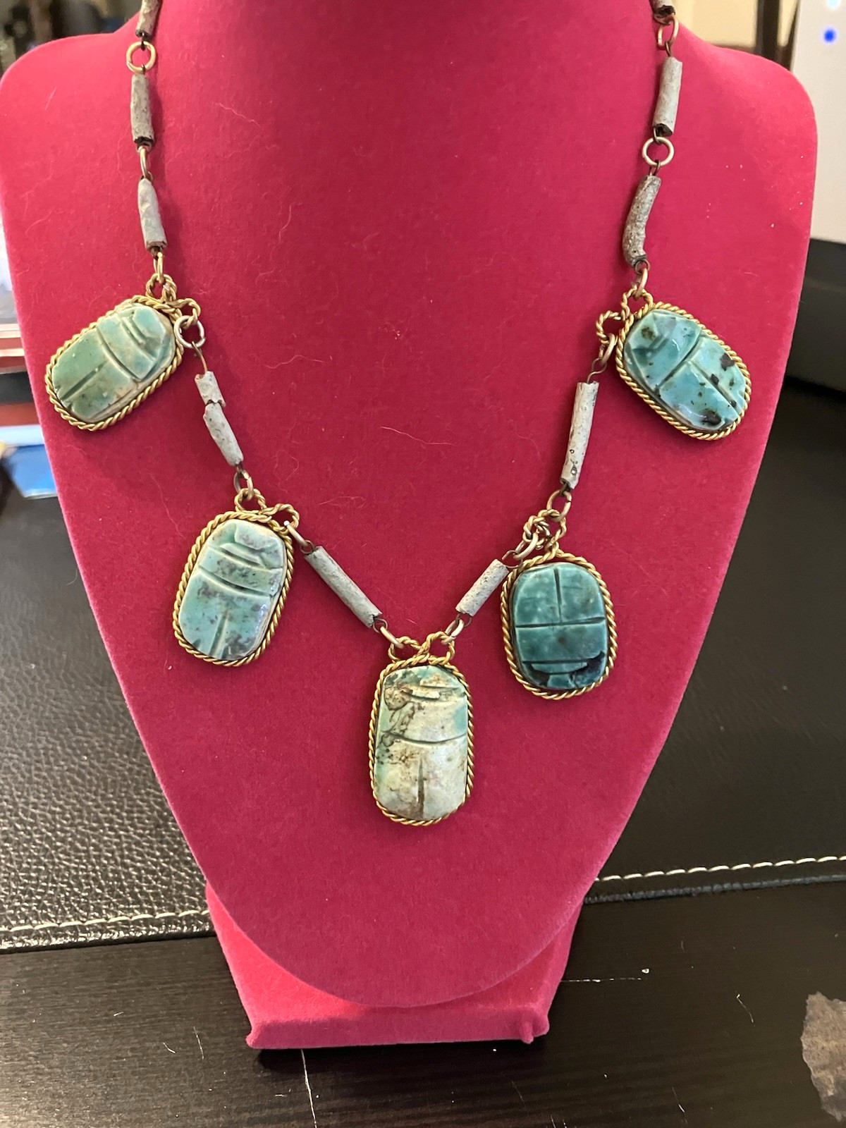 Vintage Egyptian Revival Scarab Necklace-20″ Bluegreen Faience Ceramic Amulets