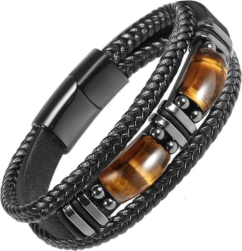 Tiger Eye Black Leather Bracelet Men Energy Crystal Stone Healing Reiki Gift