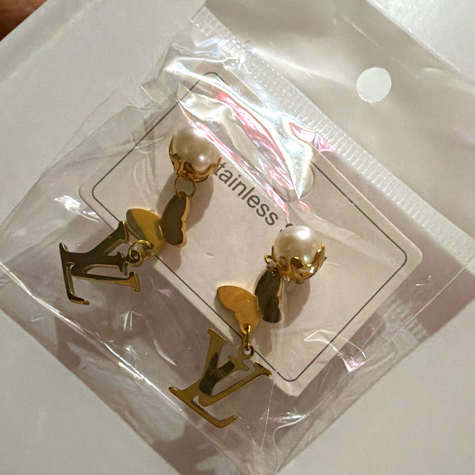 Gold Tone Metal Letter Charm Dangle/Drop Earrings, White Imitation Pearls