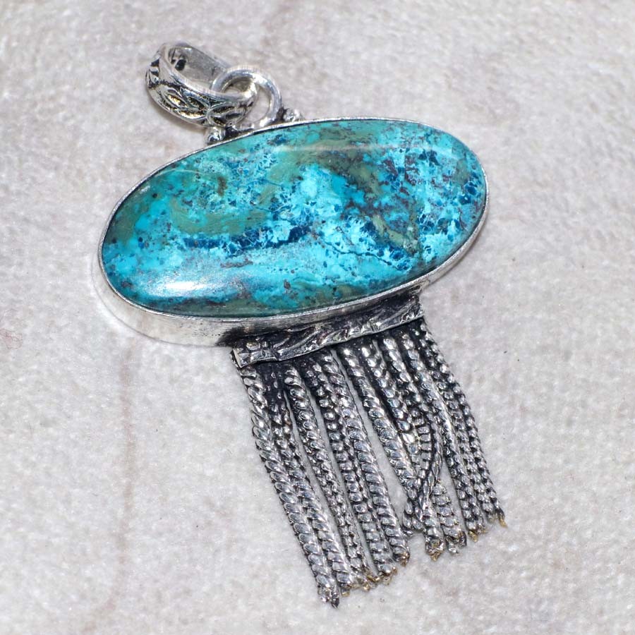 Huge Chrysocolla 925 Silver Plated Pendant 2″ Luxury Inspired Design Trendy JW