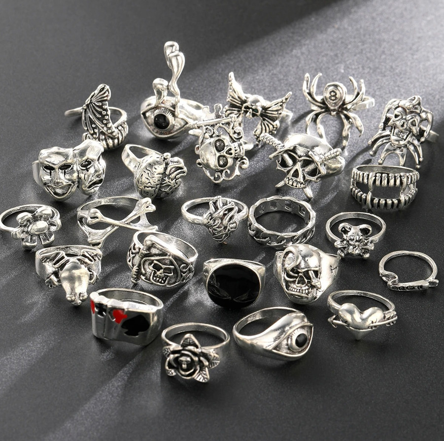 24pcs Gothic Skeleton Ring Set Punk Grunge Unisex Street Jewelry Gift – NEW