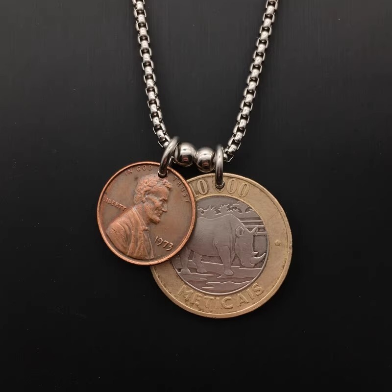 Lincoln+Rhino Coin Pendant Vintage Coin Silver Necklace 23.6″