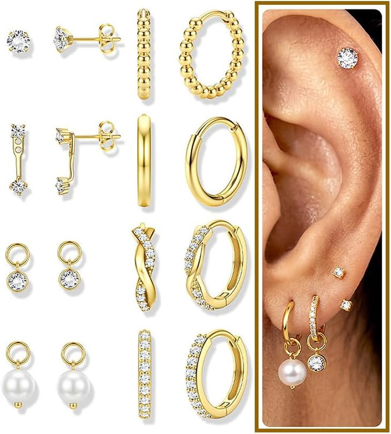 Gold Hoop Earrings for Women 14K Plated Stud Earring Set Dainty Small Hoops Jewe