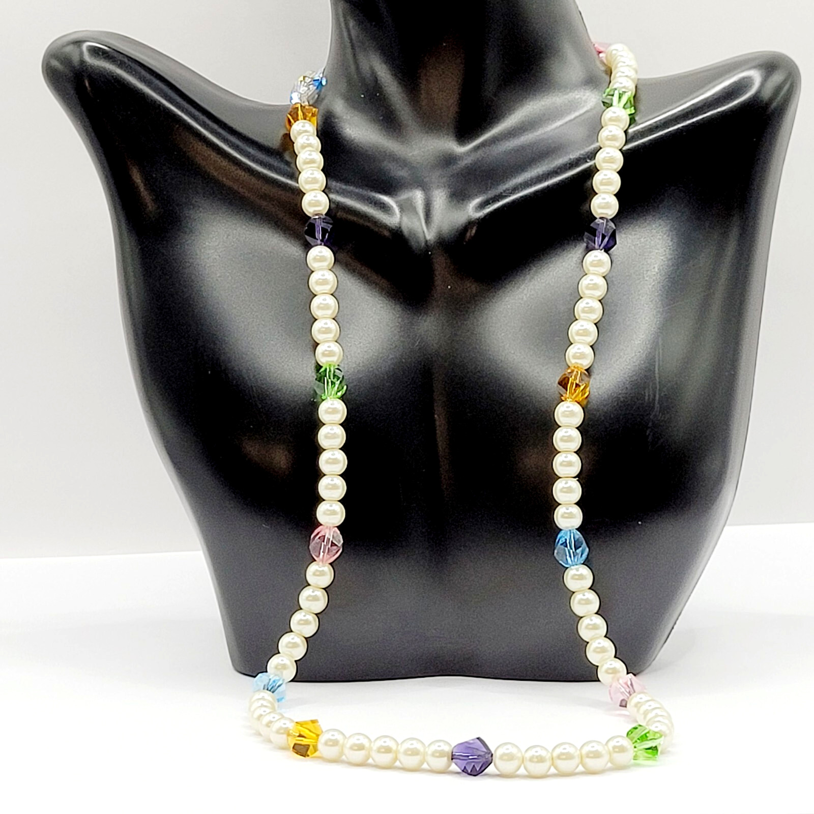 Glass Pearl with Individual Multicolored Crystal Beads Beaded Necklace 22 Inch