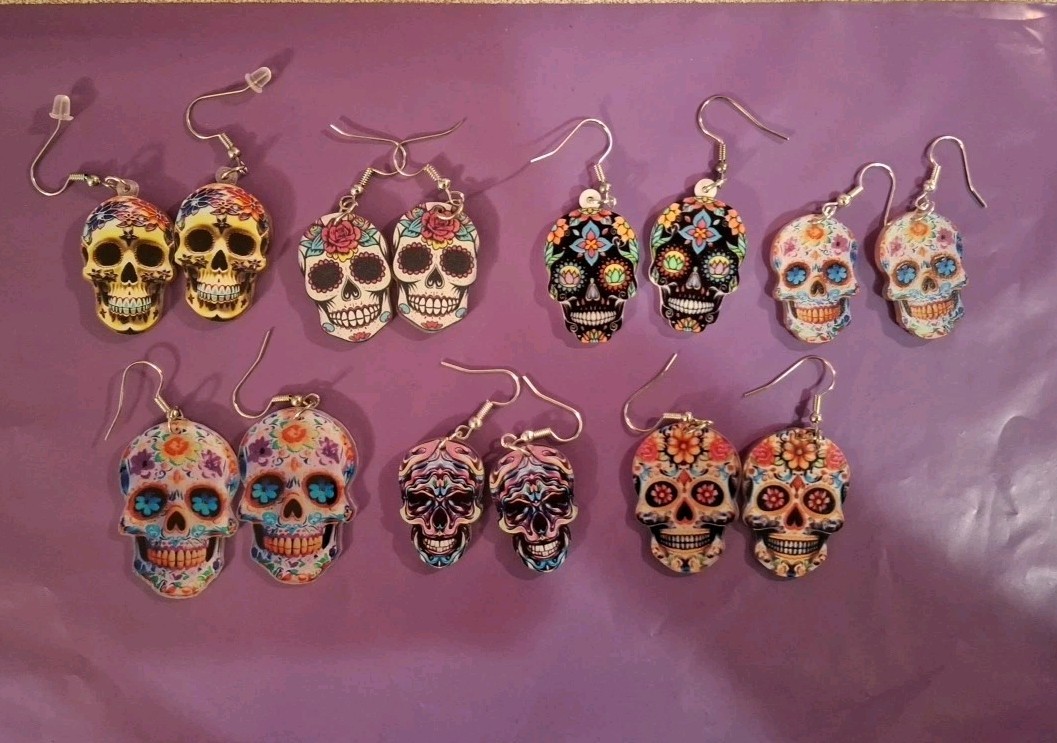 Lot Sugar Skull Dangle Earrings Day of the Dead 7 Pair As Shown In Photos
