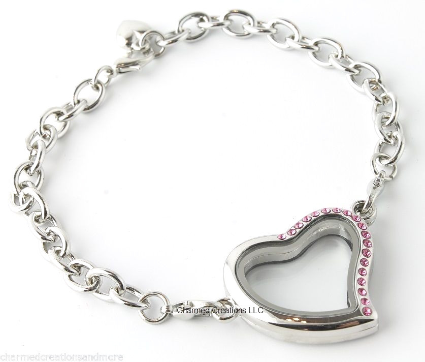 SECURITY CLASP Pink Crystal Silver Heart Floating Charm Memory Locket Bracelet