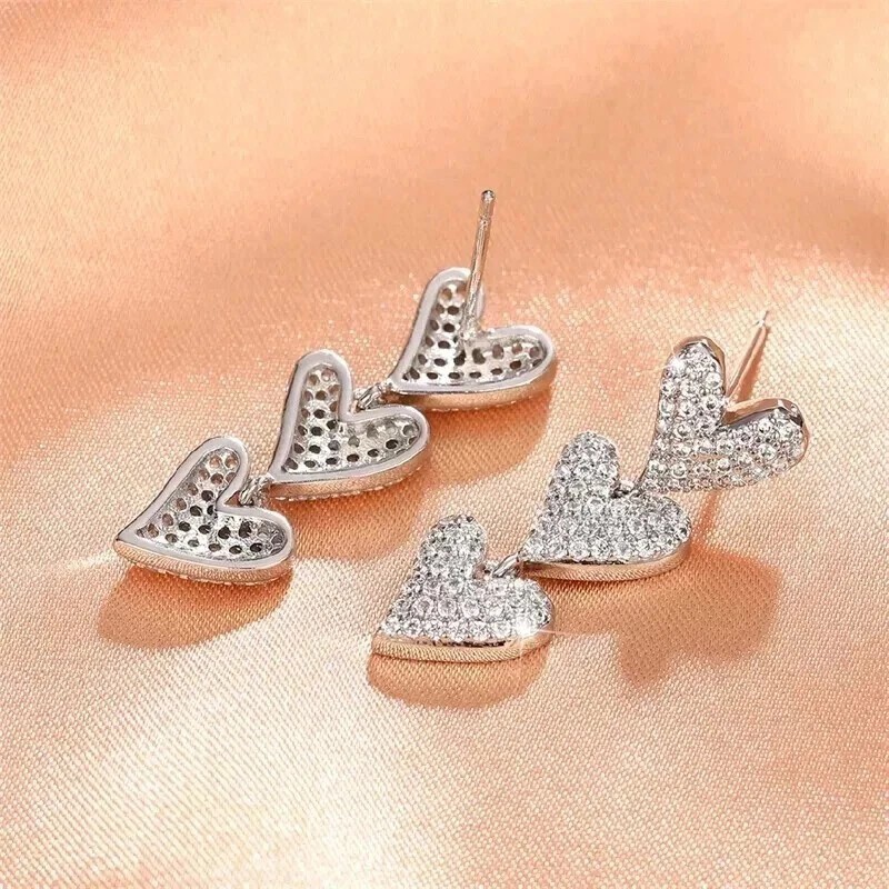 3Ct Round Cut Simulated Diamond Triple Heart Drop Earrings 14k White Gold Plated