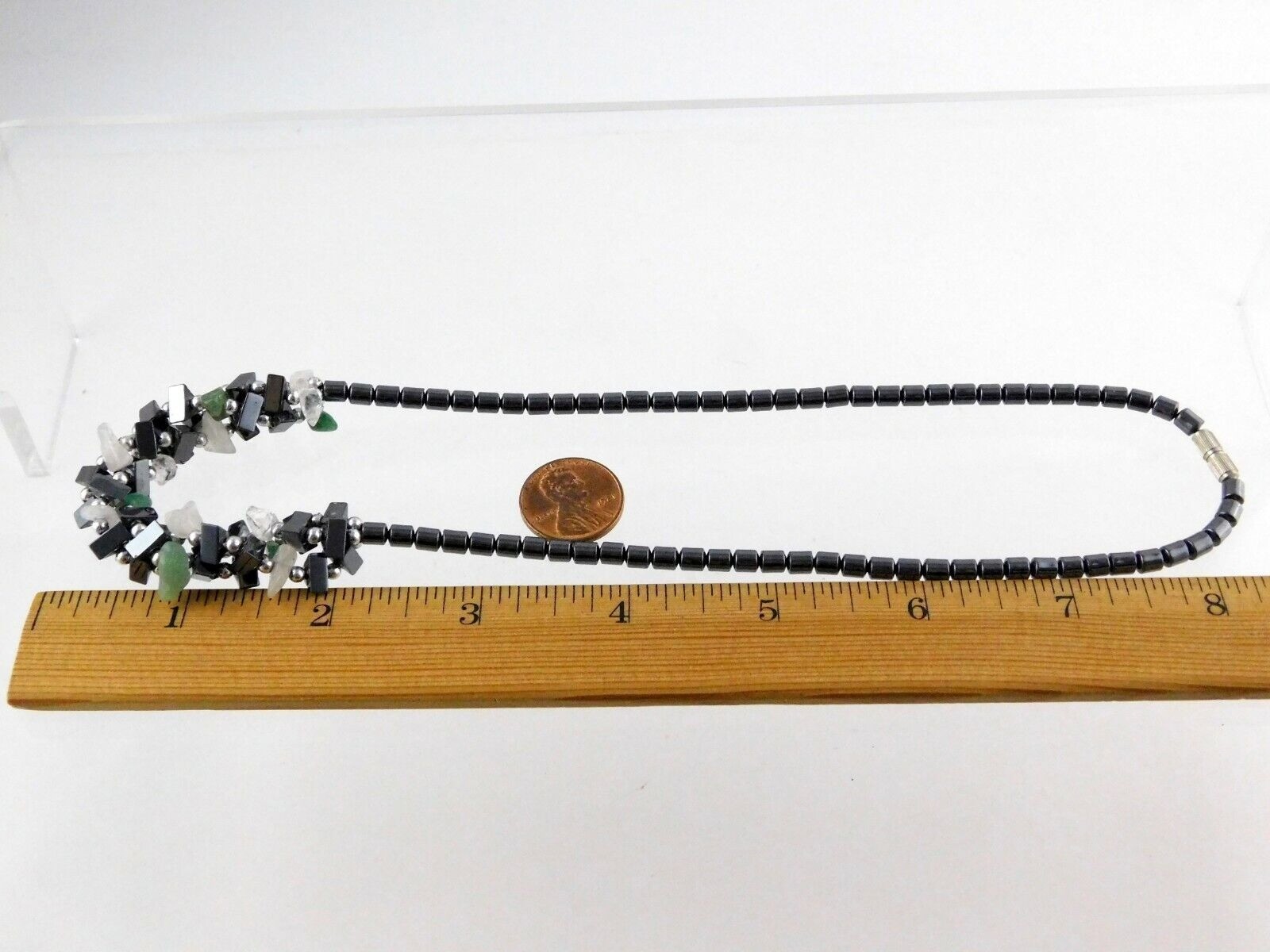 Handmade Silvertone Metal Hematite Aventurine and Quartz Necklace 17 Inches 36g