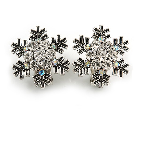 AB/ Clear Crystal Snowflake Clip On Earrings In Silver Tone – 20mm Diameter
