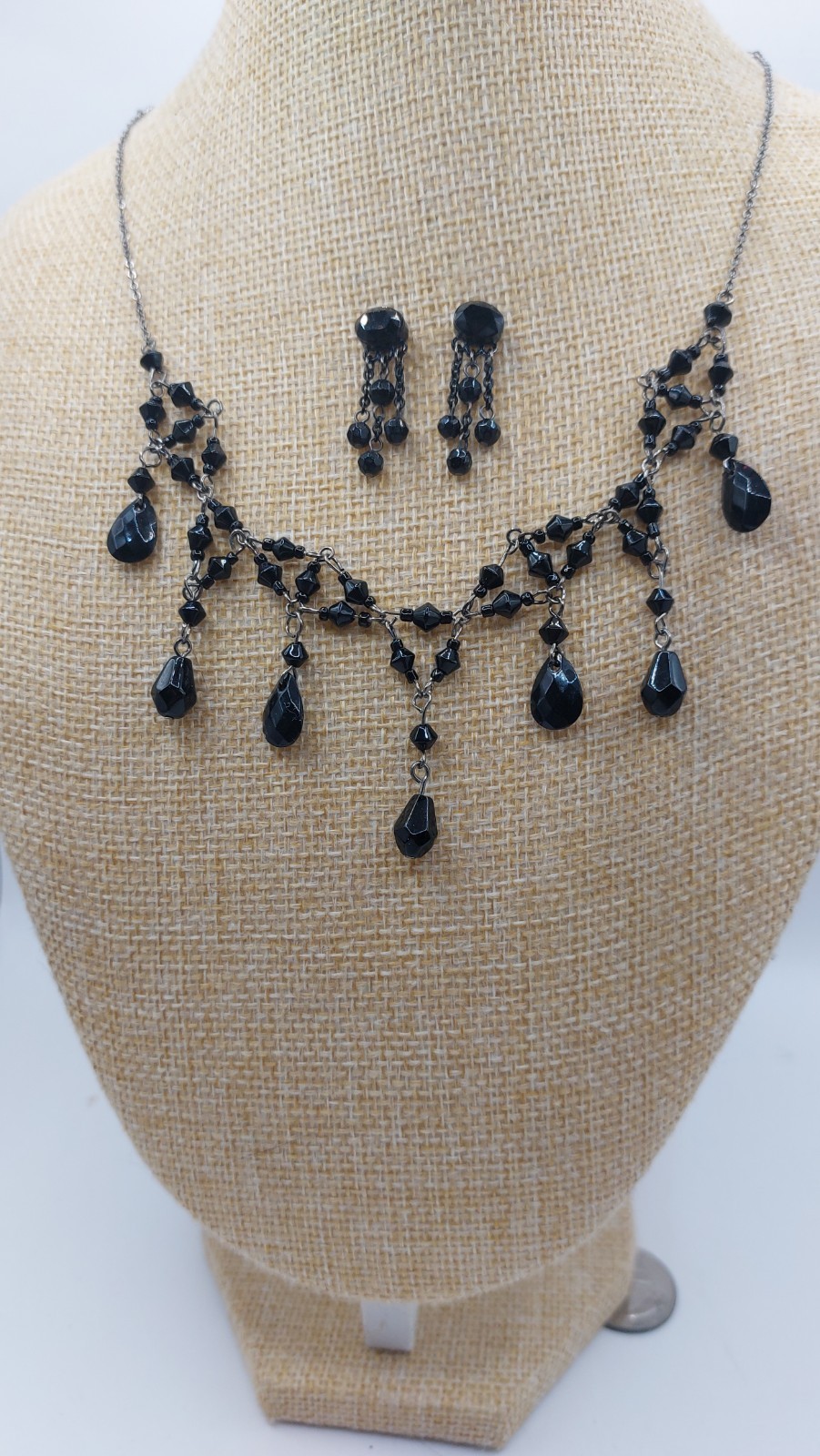 Dainty Black Glass Necklace Pierced Earrings Teardrop Bicone Faceted Gunmetal