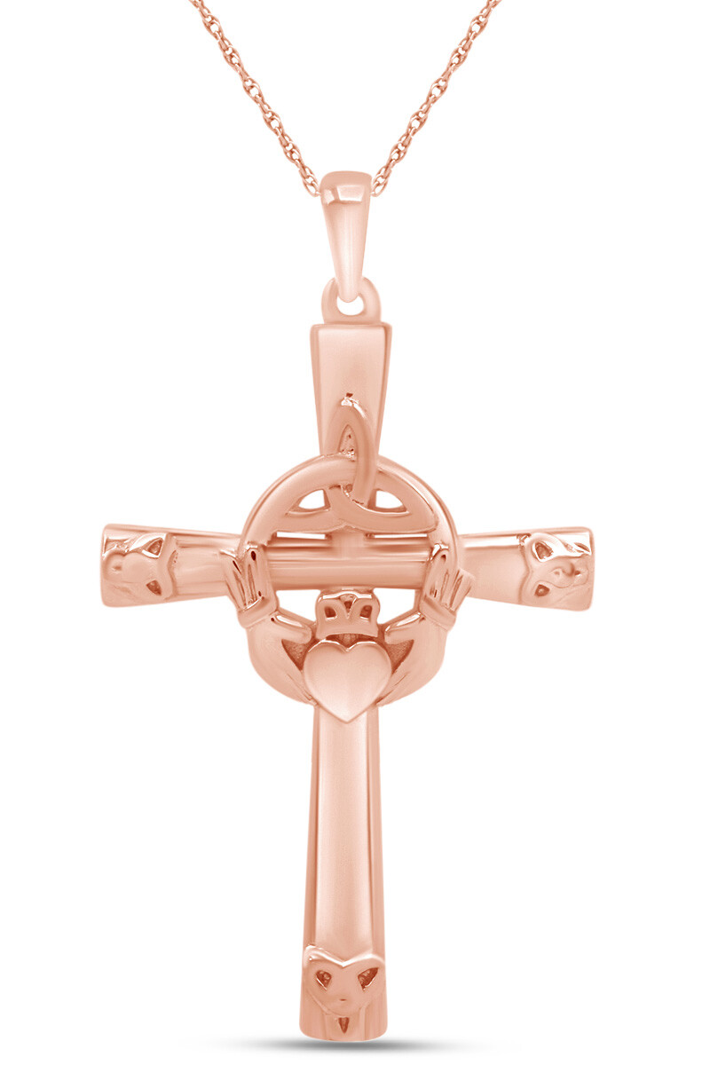 Trinity Knot Claddagh Celtic Cross Pendant Necklace 14k Rose Gold Plated Silver