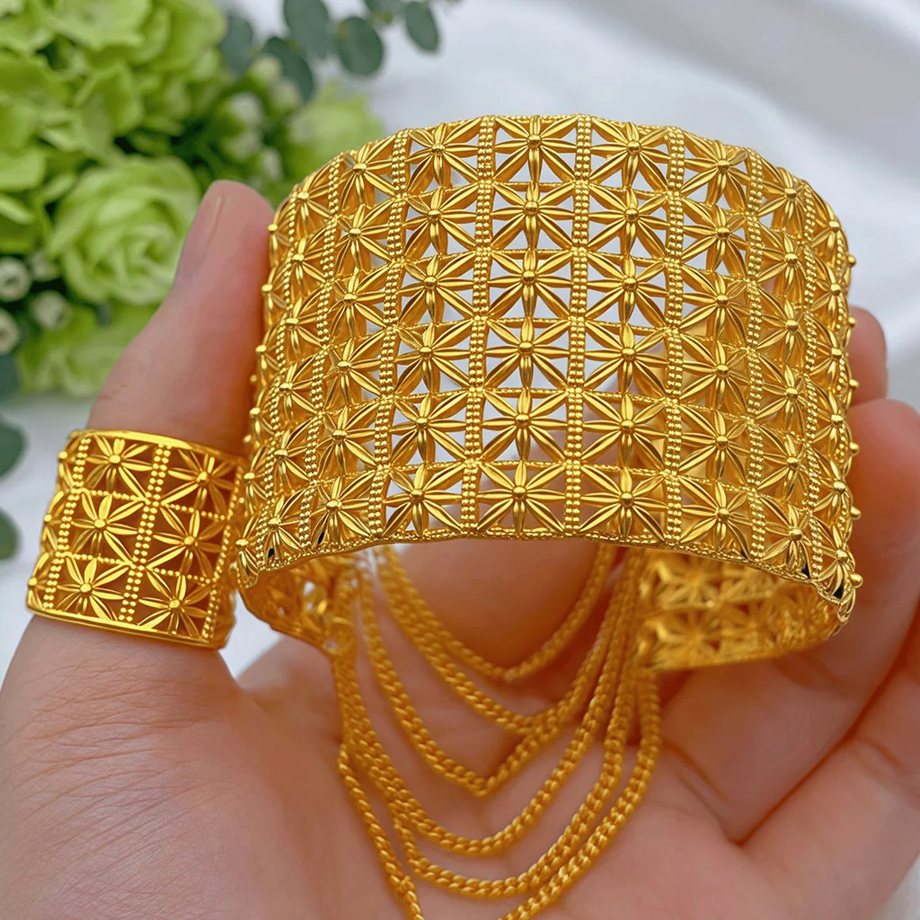 Indian Gold Color Tassel Bracelets Ring for Women Dubai African Hard Charm Bangl