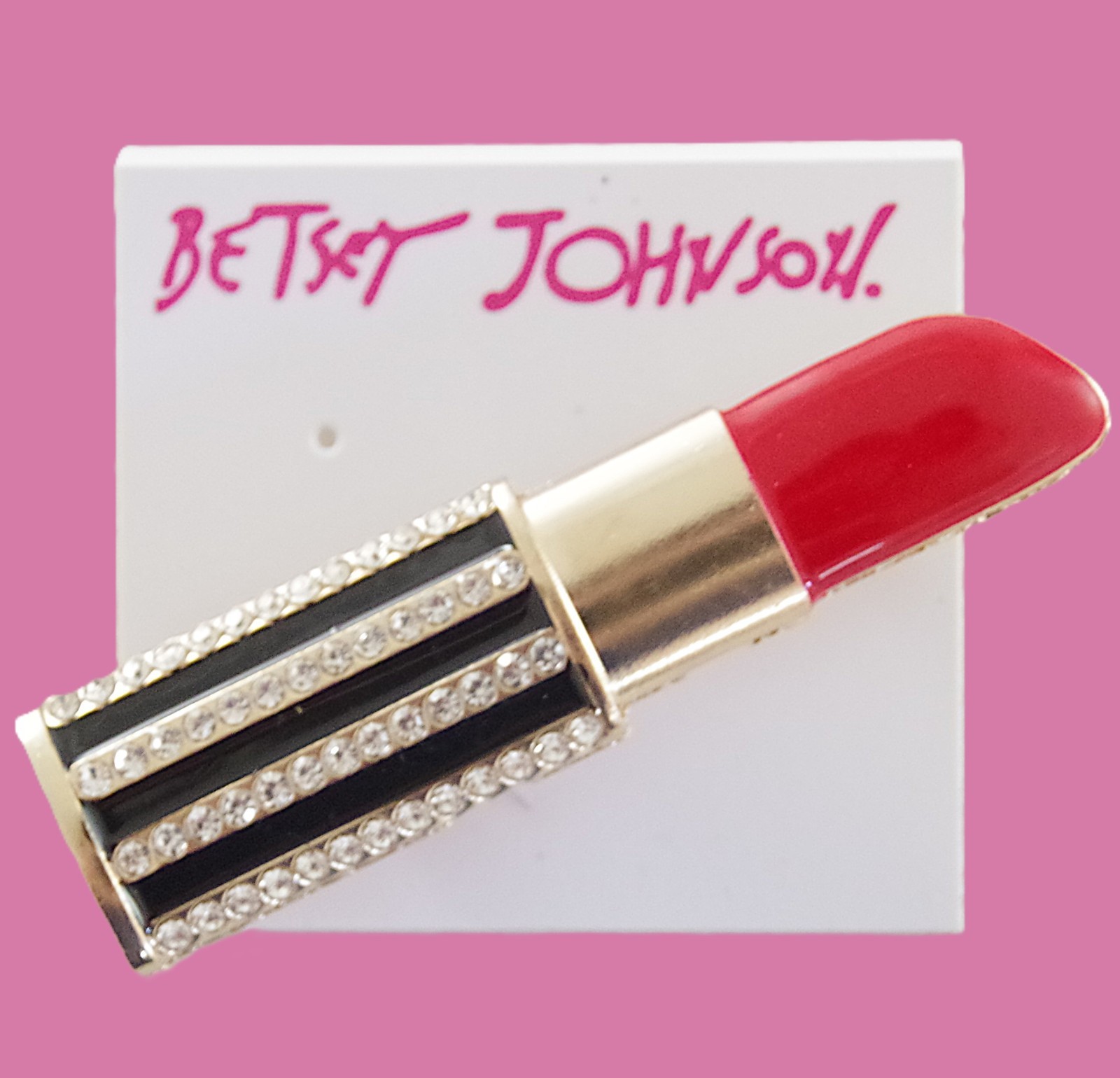 2.5″ BETSEY JOHNSON RED LIPSTICK TUBE RHINESTONE, ENAMEL & GOLD TONE BROOCH PIN