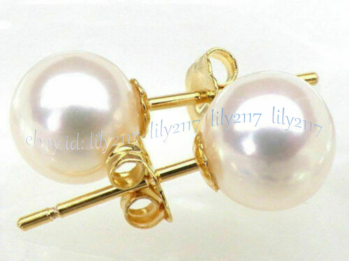 PERFECT AAA++ NATURAL REAL WHITE ROUND PEARL STUD EARRINGS 14K GOLD