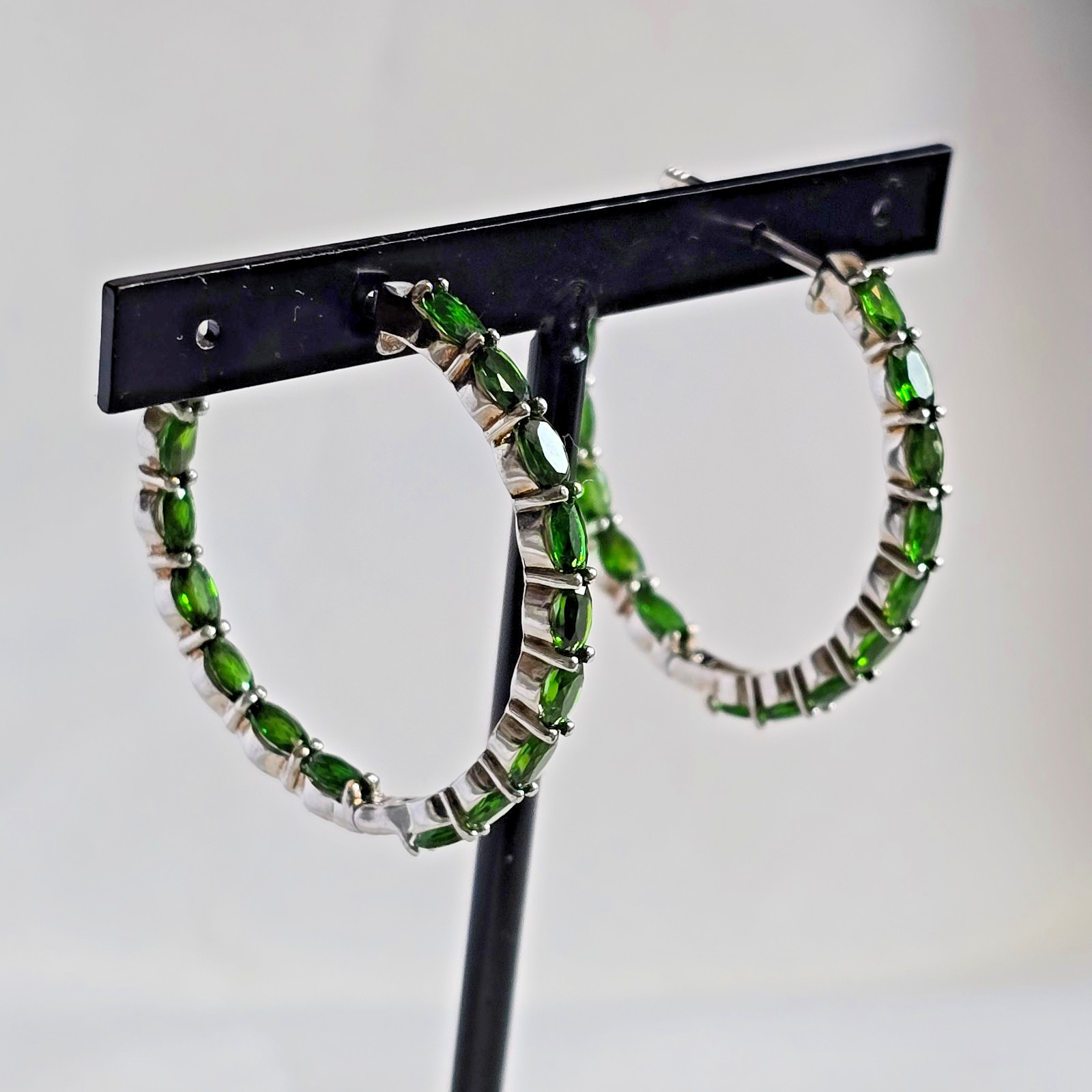 Sterling Silver Hoop Signed DK Earrings 11.3g Fine Jewelry Green Stones *READ*