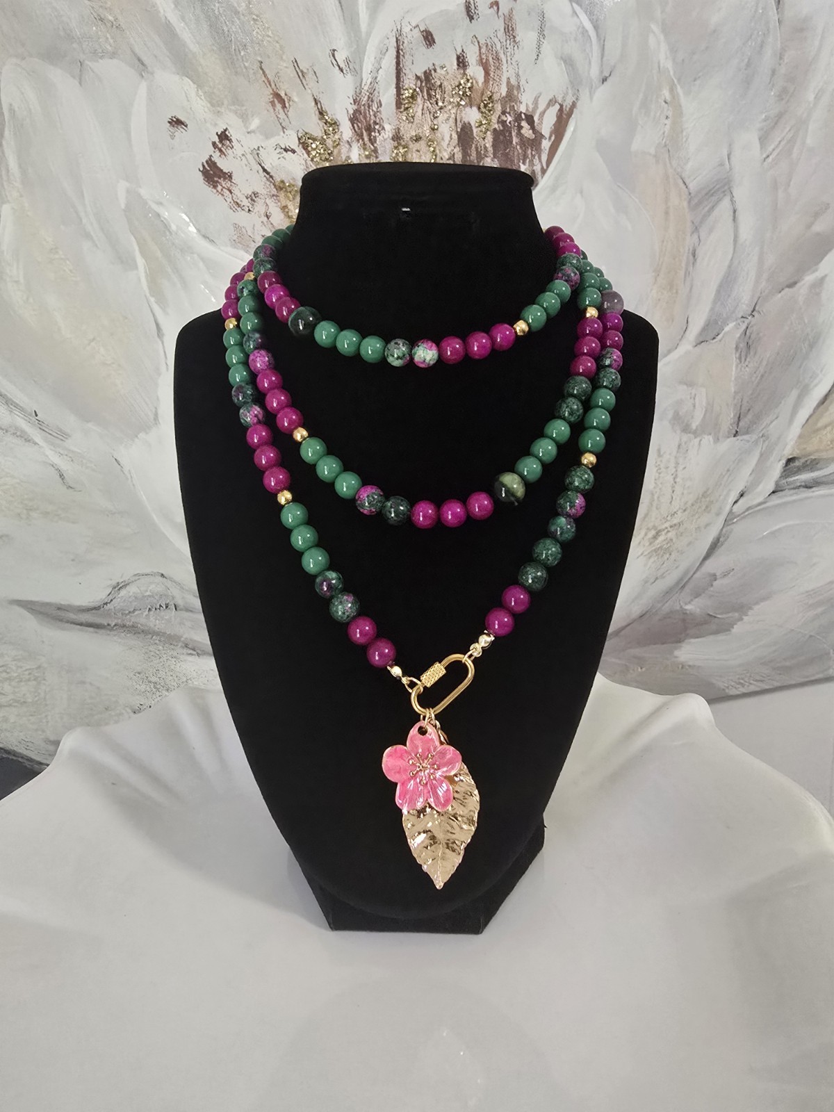 Green & Purple Stone Beaded Necklace w/ Gold Tone Leaf & Pink Flower Charms