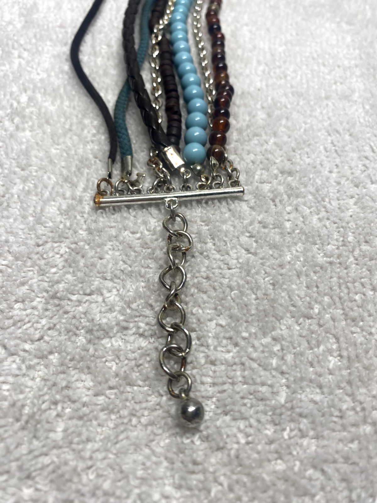 Multi-Material Bohemian Bracelet with Lobster Clasp – Brown, Blue, Silver, Black