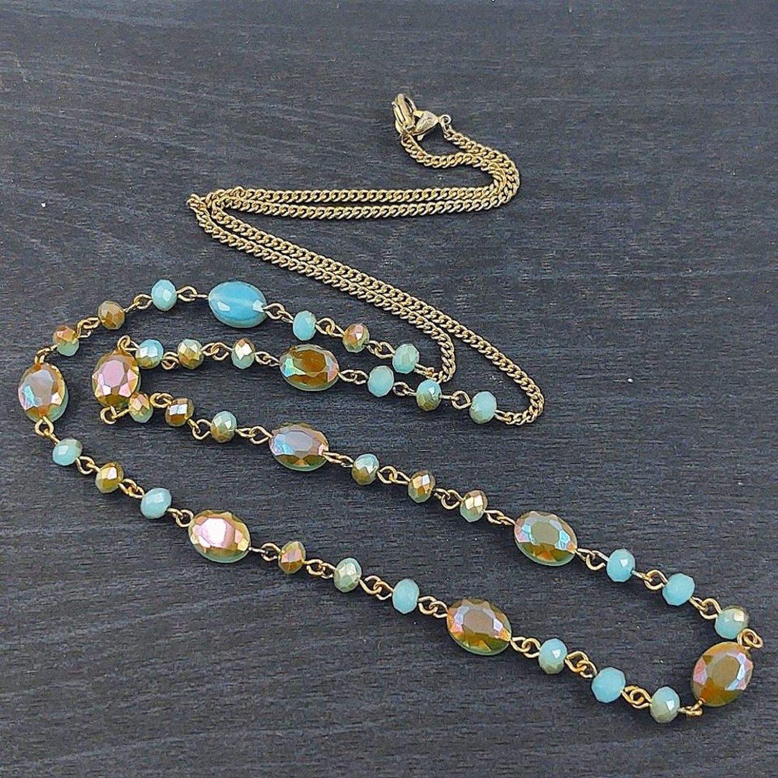 Long Blue & Brown Aurora Borealis Glass Bead Necklace – Goldtone Chai…