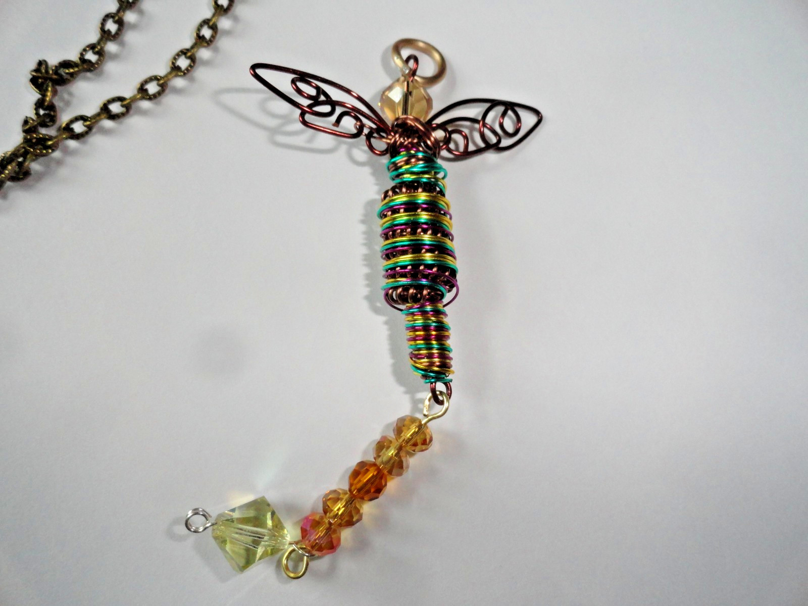 #10705 Brown/Green with Gold/Red Dragonfly Pendant Swarovskis Dangle Chain