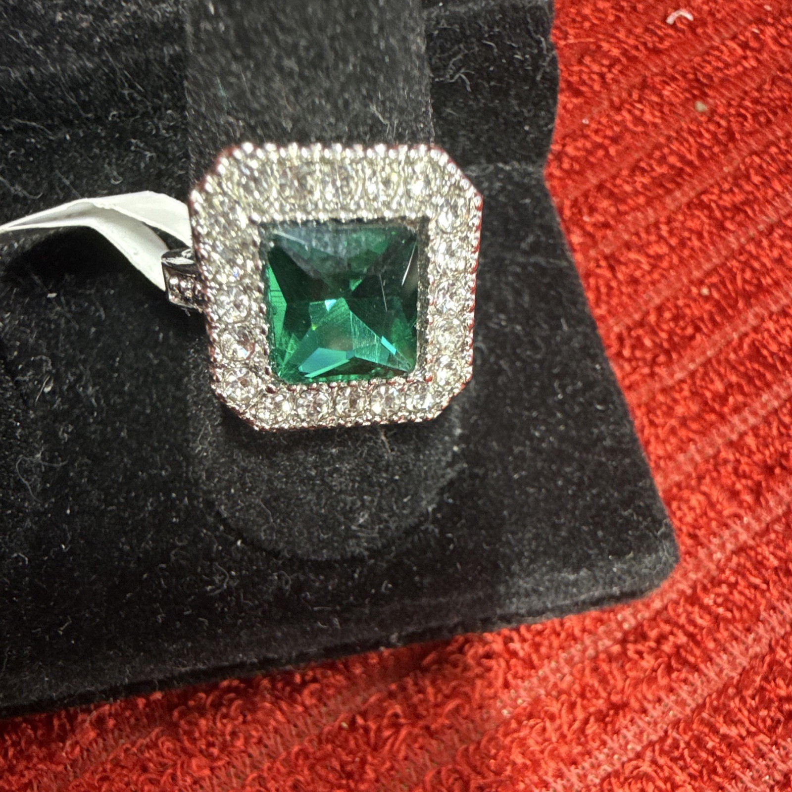 Square Green Crystal Halo Cocktail Ring Silver Tone Metal Size 9 US