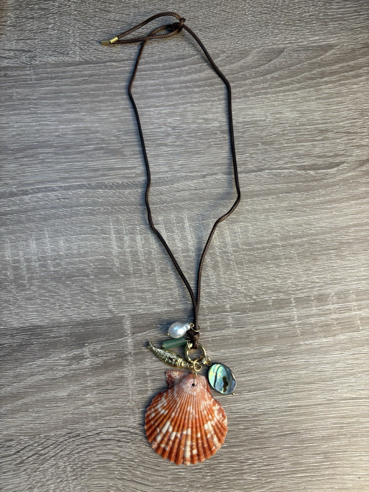 18K Gold Plated Necklace w/ Orange Fan Shell Charm Pendant, Beach Sea Life Theme