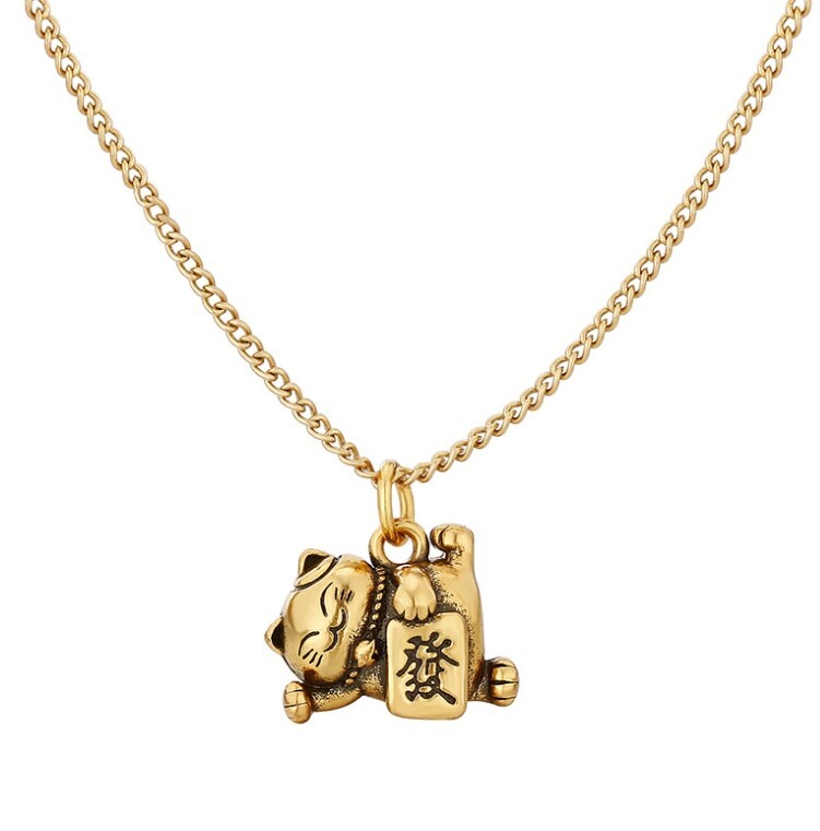 Titanium Gold Wealth Lucky Fortune Cat Pendant Chain Necklace