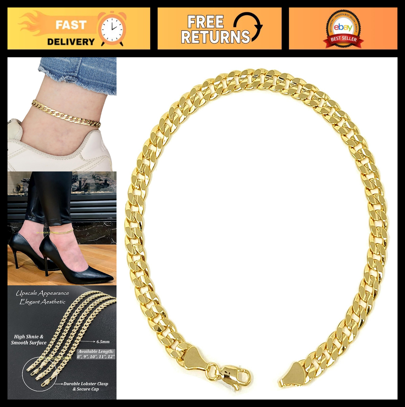 Gold Electroplated Women’s Anklet, 9-12 Inch, Figaro, Cuban, Mariner, Herringbon