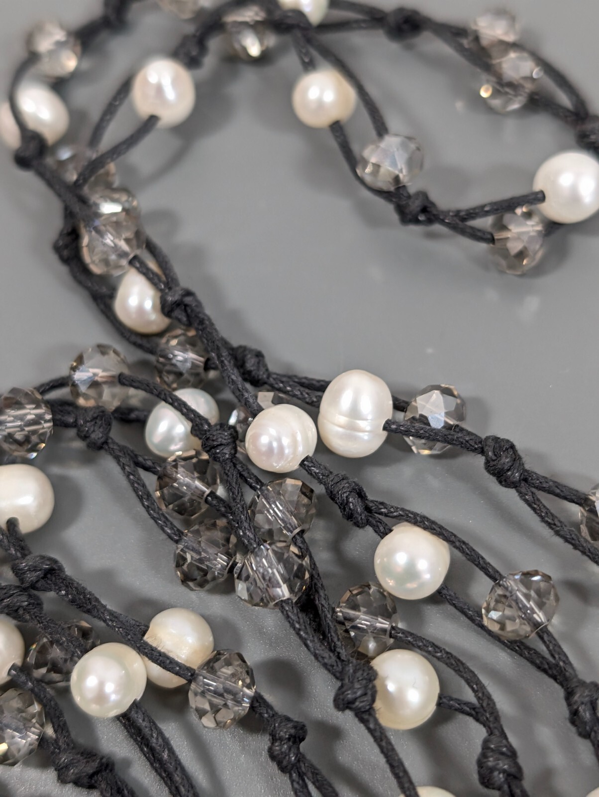 Boho BEachy Black Cord White Pearl Gray Glass Bead Layering Long Necklace 52 in