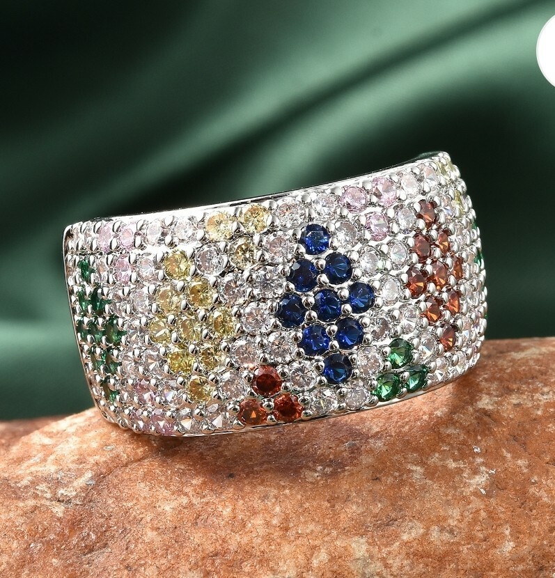 Simulated Multi Color Diamond Dome Ring in Silvertone (Size 7.0)