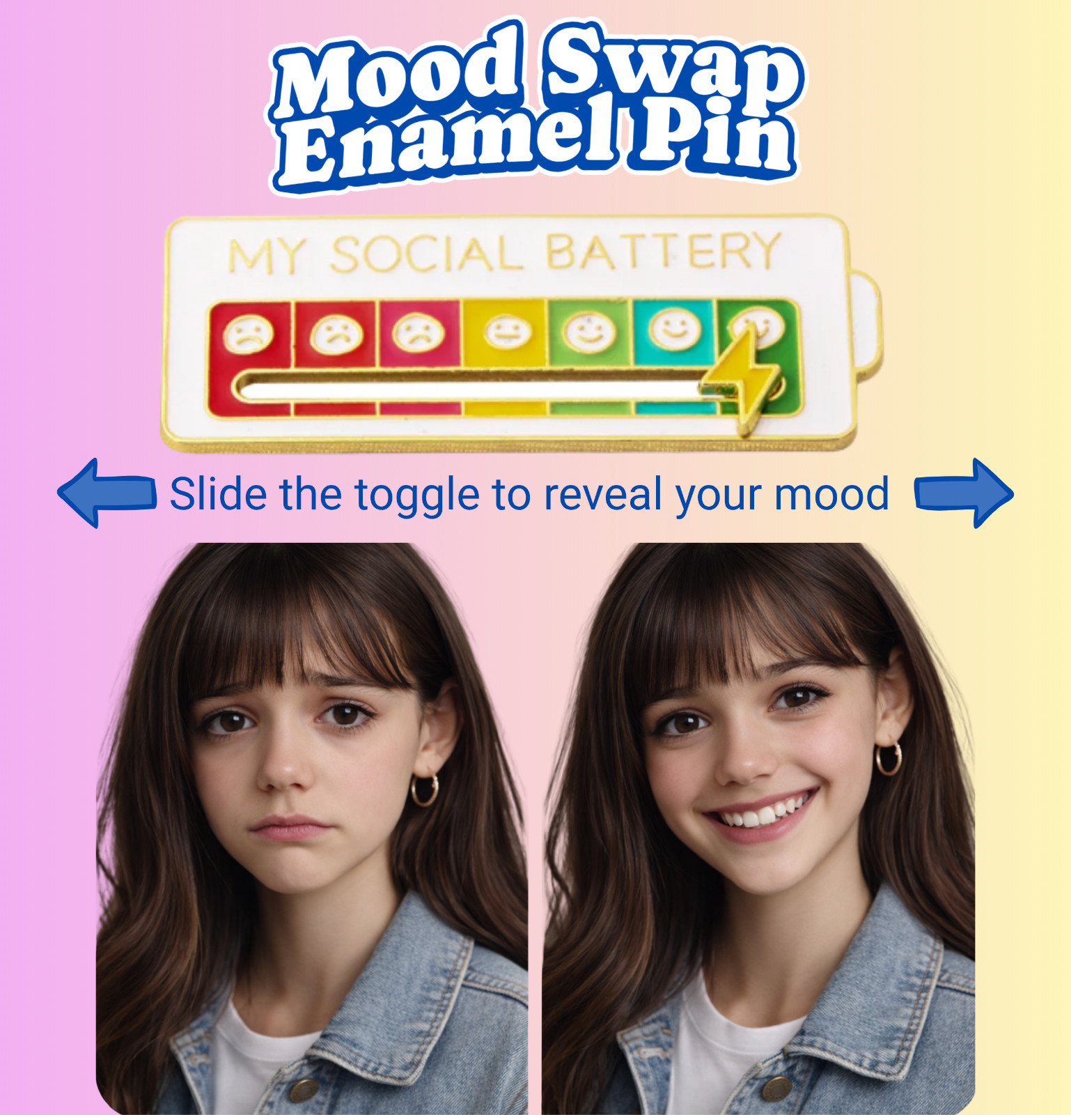 Funny Social Battery Slider Pin 7 Mood Expression Badge Cute Interactive Gift