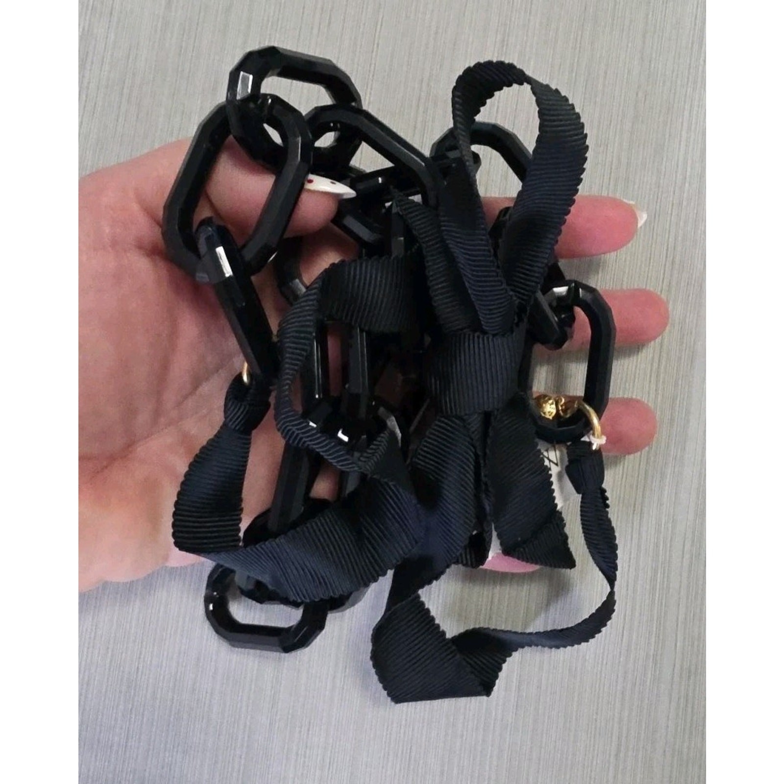 J. Crew Signed Chunky Blue-Black Acrylic Chain Link Necklace Ribbon Tie Back NWT