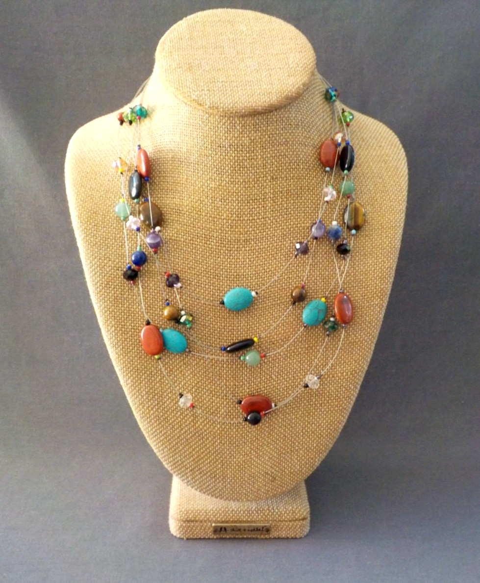 Necklace Silver Tone Metal Multi Strand Wire Stone Glass Oval Polished