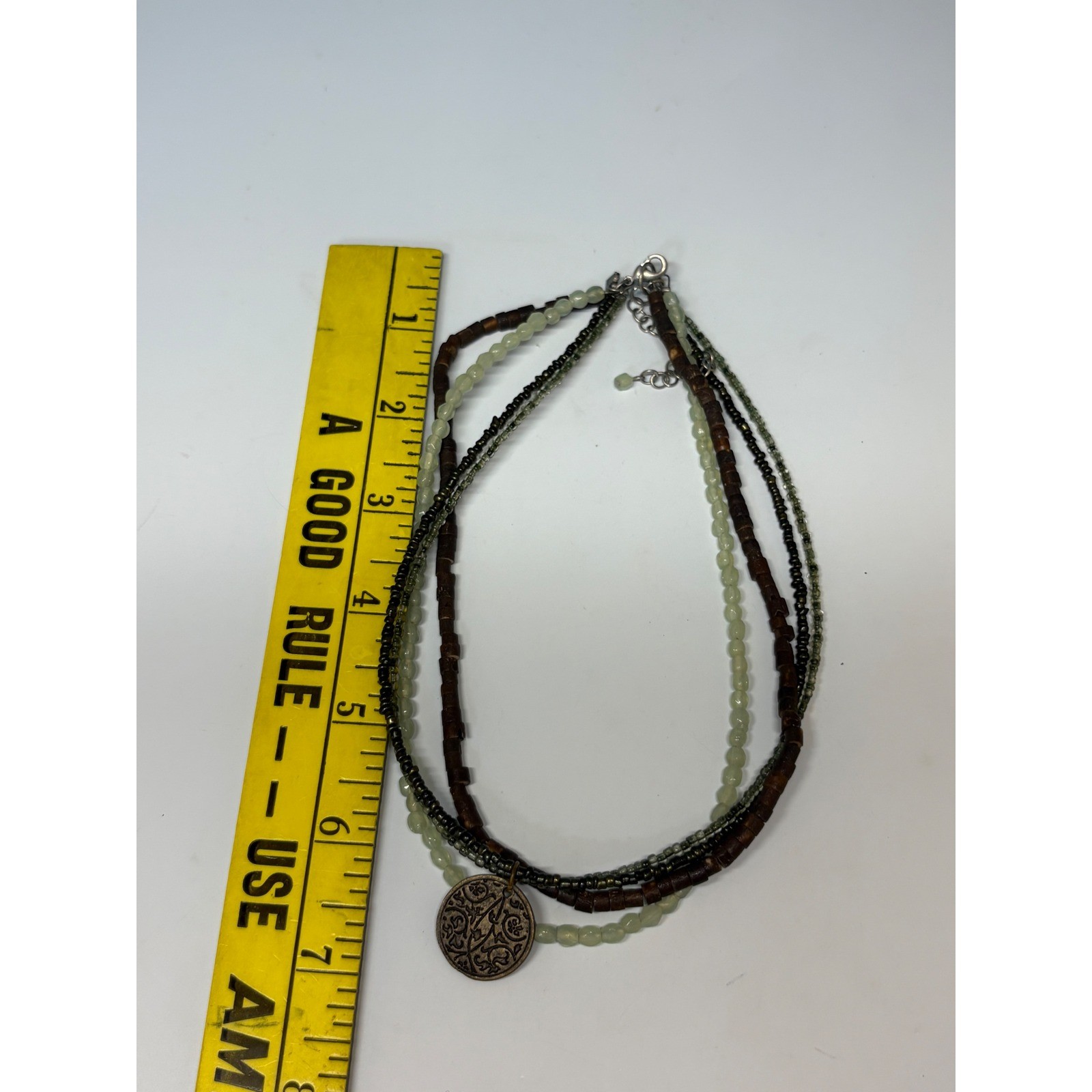 Boho Multi Strand Beaded Necklace Bronze Medallion Wood Glass Green Brown