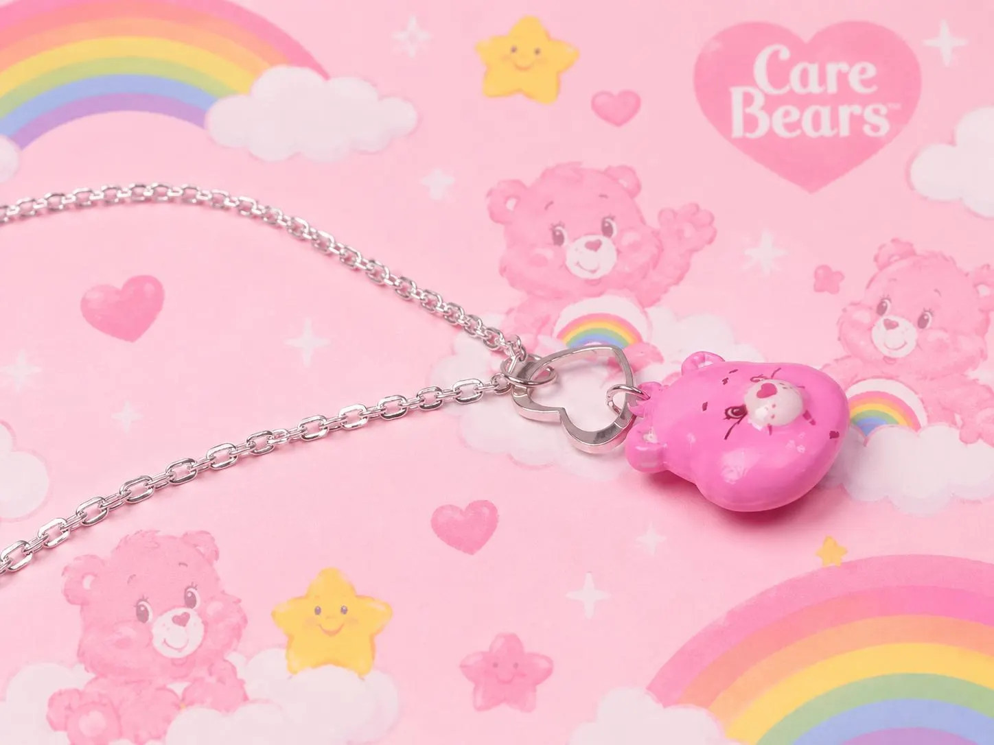 Cheer Bear Care Bear Pink Teddy Bear Necklace With Heart Design