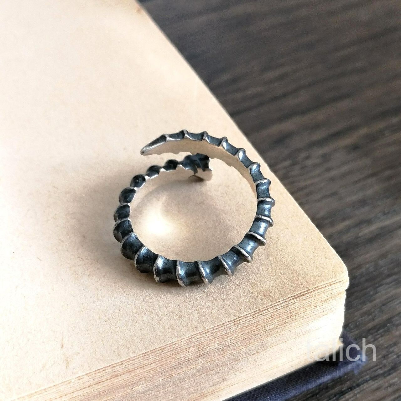 Dark 925 Sterling Silver Detailed Screw Nail Wrap Ring Adjustable Gothic Unique