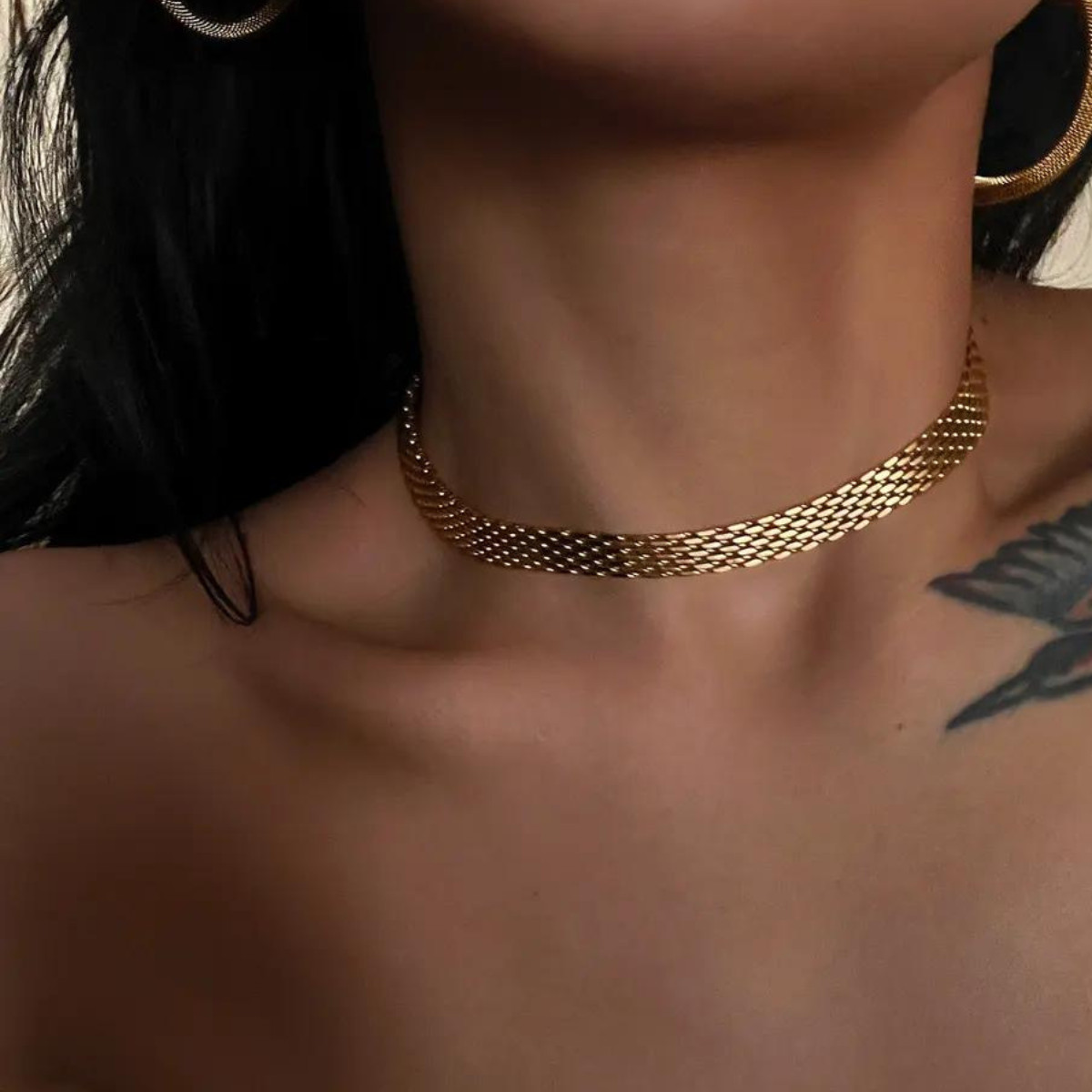 18K gold plated braided Herringbone Chain choker necklace women Tarnish Free