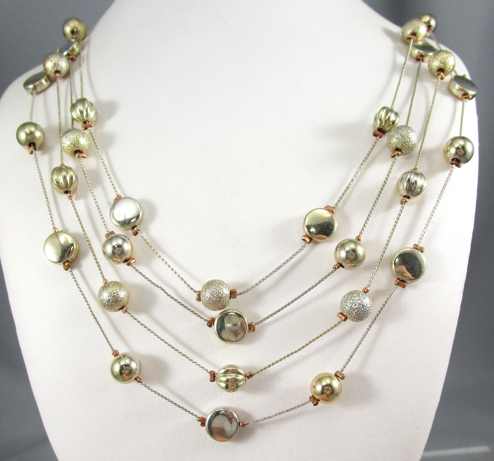 Gold Tone Illusion 4 Beaded Strand Layered Chains Necklace 7994