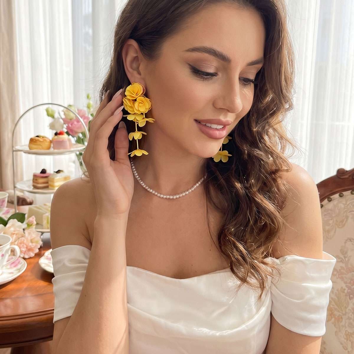 Big Flower Drop Earrings for Women Long Fabric Floral Dangle Earrings Bohem